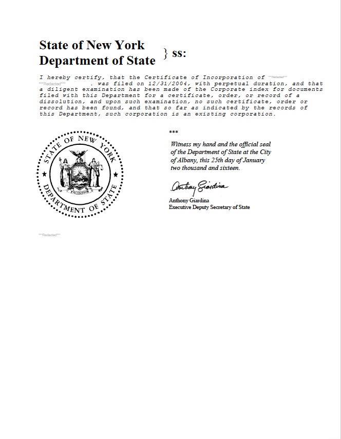 New York Certificate of Good Standing Certificate of Status Harbor