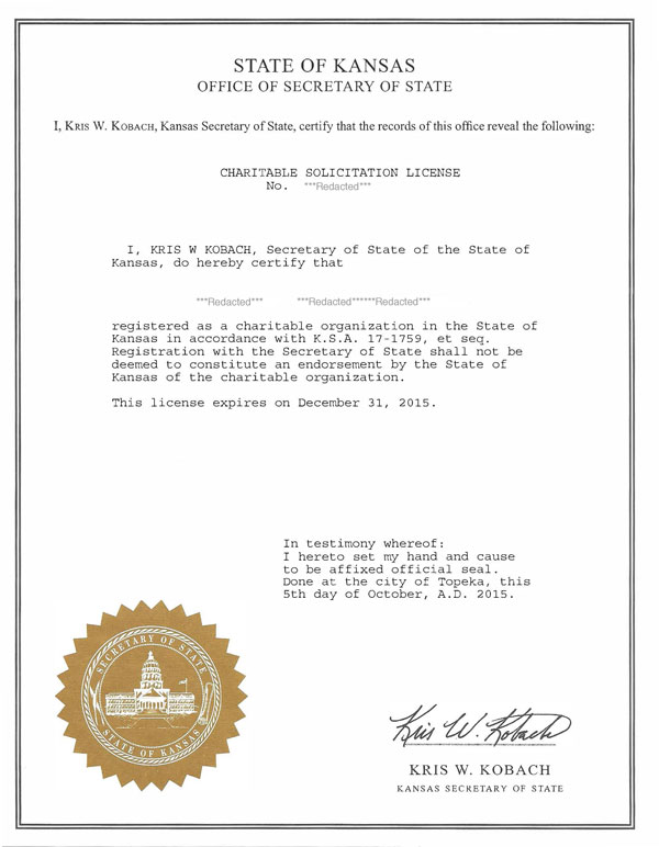 Kansas charitable solicitation license, Kansas fundraising license