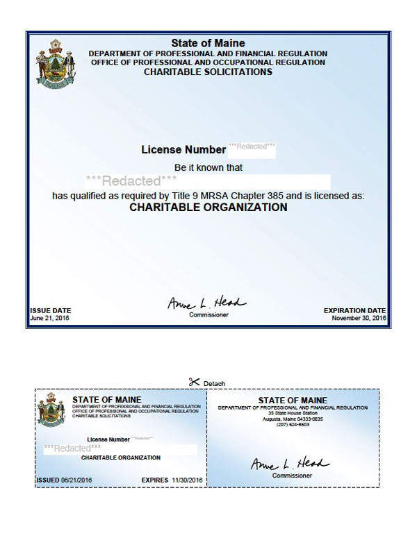 Maine charitable solicitation license, Maine fundraising license