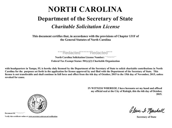 North Carolina charitable solicitation license, North Carolina fundraising license