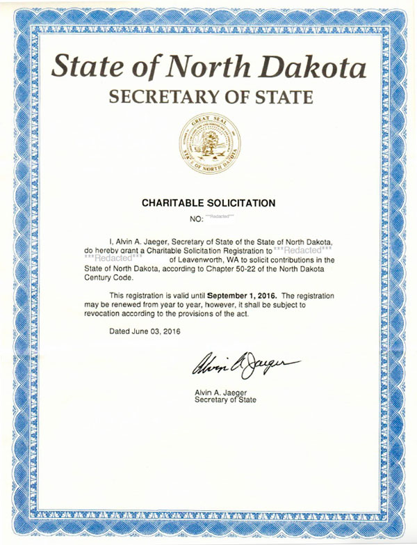 North Dakota charitable solicitation license, North Dakota fundraising license