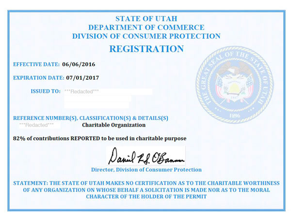 Utah charitable solicitation license, Utah fundraising license