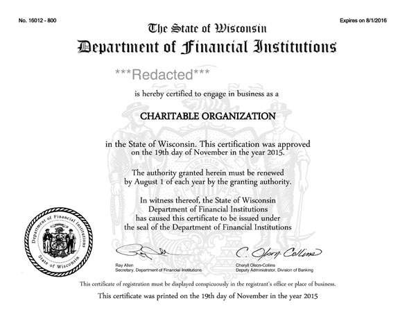 Wisconsin charitable solicitation license, Wisconsin fundraising license
