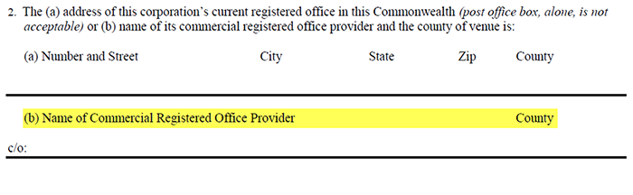 An example of a form asking for the name of a Commercial Registered Office Provider